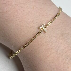 Gold Tone Initial T Paperclip Chain Bracelet Pave Rhinestone Adjustable 8.25in